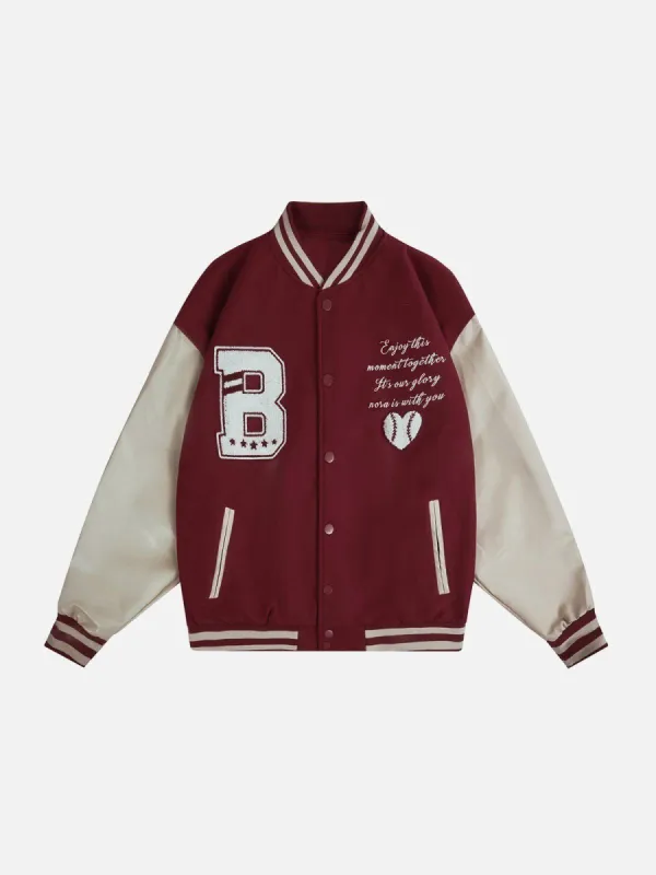 B Embroidery Patchwork Varsity Jacket sold by Yugen Theory