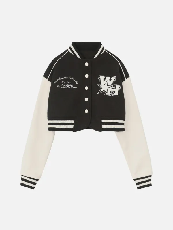 WH Embroidered Cropped Varsity Jacket sold by Yugen Theory