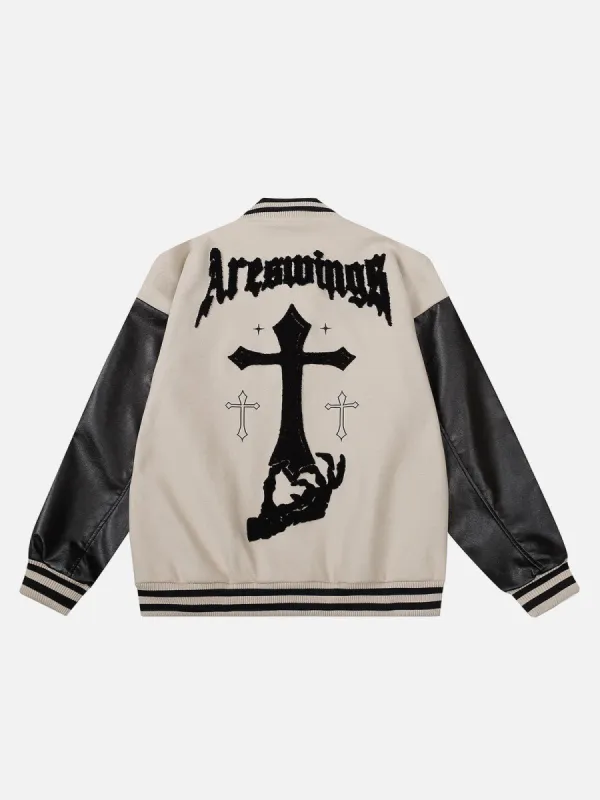 Cross Flock Patchwork Varsity Jacket sold by Yugen Theory