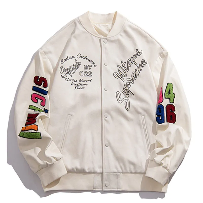 Letter Embroidered Flocked Varsity Jacket sold by Yugen Theory