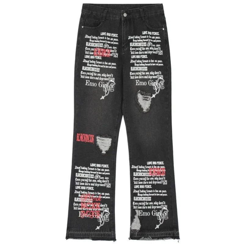 Women Ripped Flared Jeans Letter Print sold by Yugen Theory