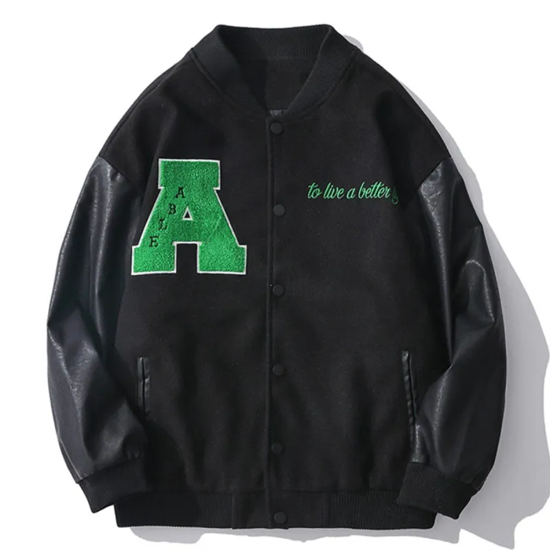 Vintage Color Block Towel Embroidery PU Varsity Jacket sold by Yugen Theory