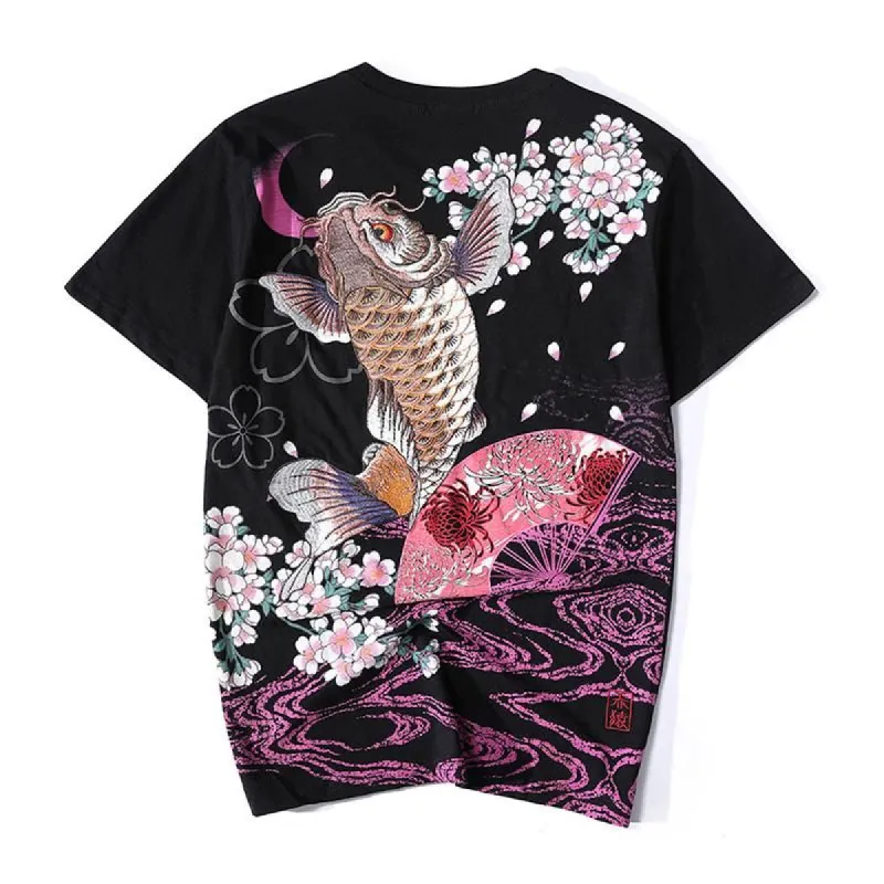 Blossom & Jumping Koi Embroidery Japanese T-Shirt sold by Yugen Theory