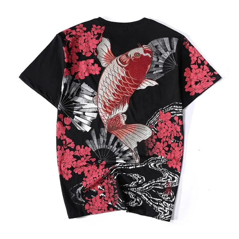 Folding Fan & Koi Embroidery Japanese T-Shirt sold by Yugen Theory