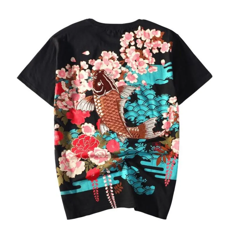 Brown Koi Embroidery Japanese T-Shirt sold by Yugen Theory