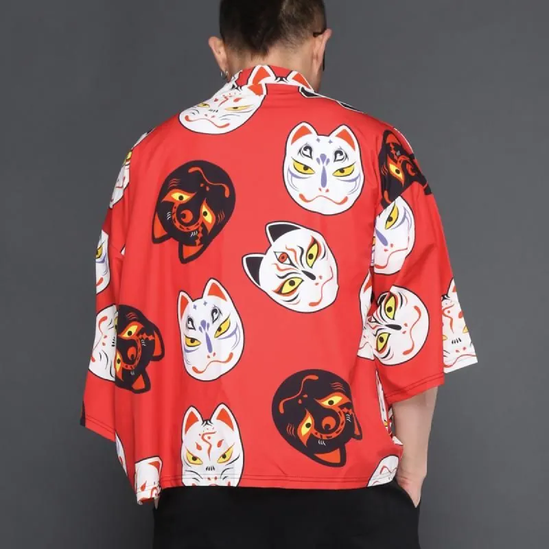 Red Cat Mask Kimono Cardigan Shirt sold by Yugen Theory