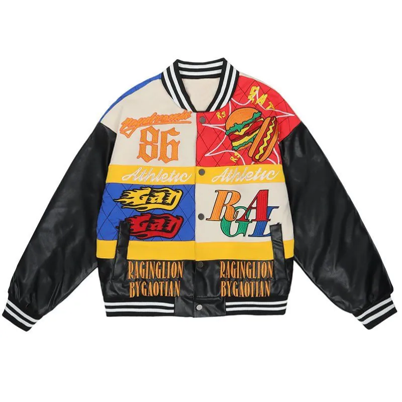 Streetwear Baseball Jacket Embroidery Hamburger sold by Yugen Theory