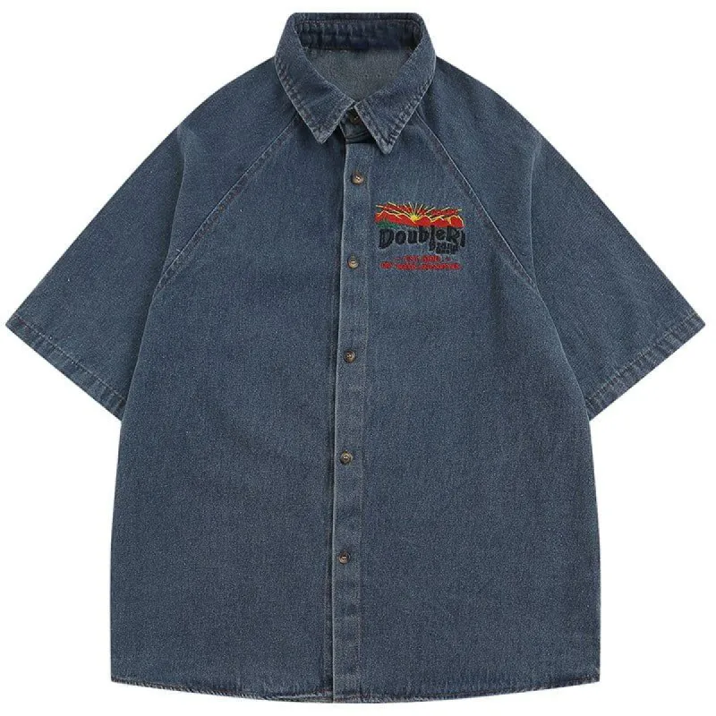 Short Sleeve Denim Shirt Embroidery Letter sold by Yugen Theory