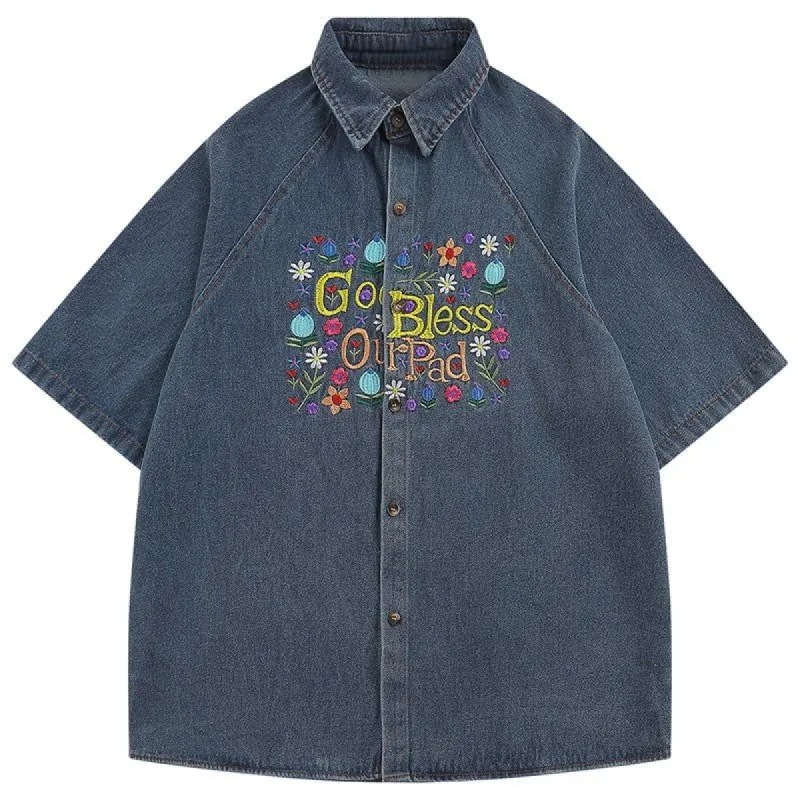 Denim S/s Shirt Embroidered Flowers sold by Yugen Theory
