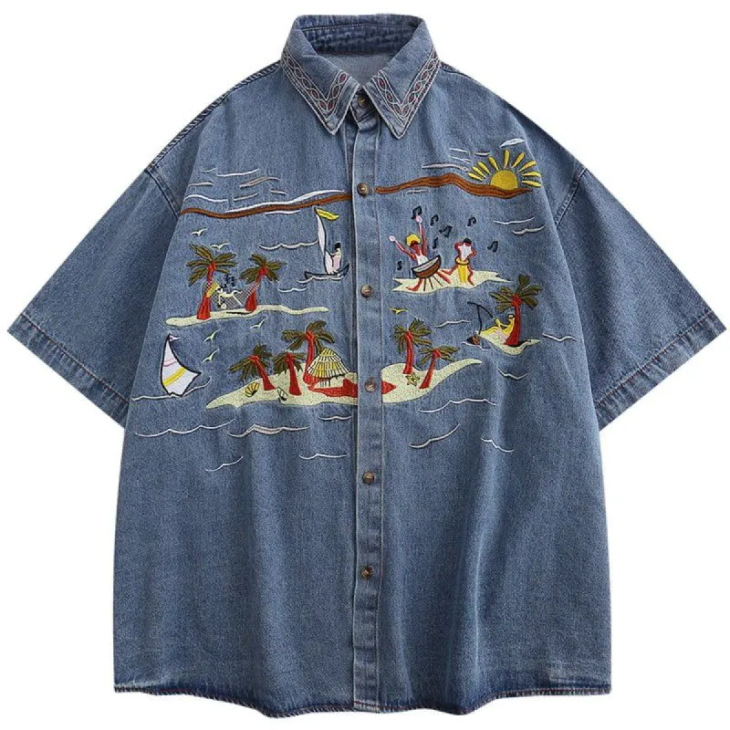 Chic Short Sleeves Denim Shirt Beach Party sold by Yugen Theory