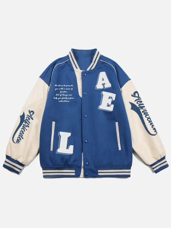 Letter 'AEL' Flocked Patchwork Varsity Jacket sold by Yugen Theory