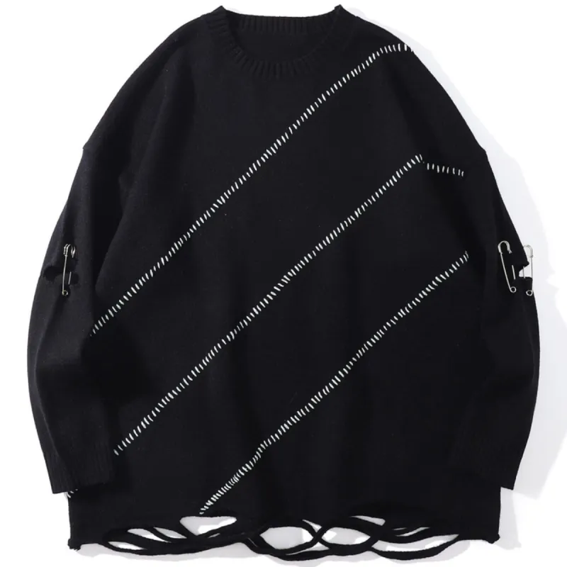 Dark Pin Striped Embroidery Knitted Sweater sold by Yugen Theory
