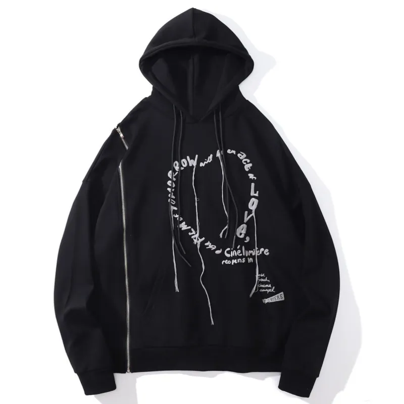 Side Zipper Embroidered Alphabet Tassels Oversized Hoodie sold by Yugen Theory