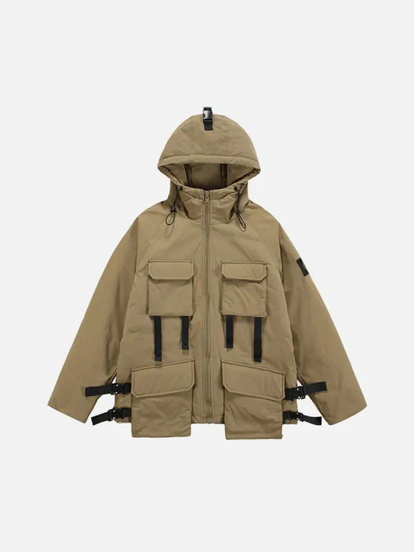 Multi Pockets Ribbons Hooded Winter Coat sold by Yugen Theory