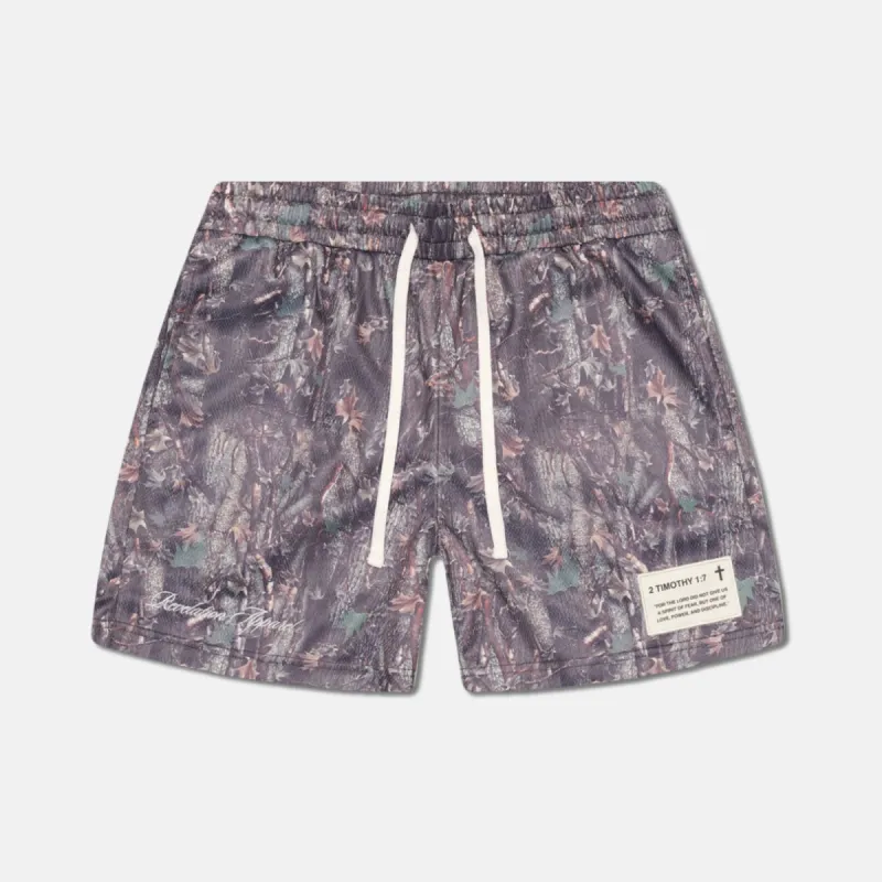 CAMO 2 TIMOTHY 1:7 MESH SHORTS sold by Revelation Apparel