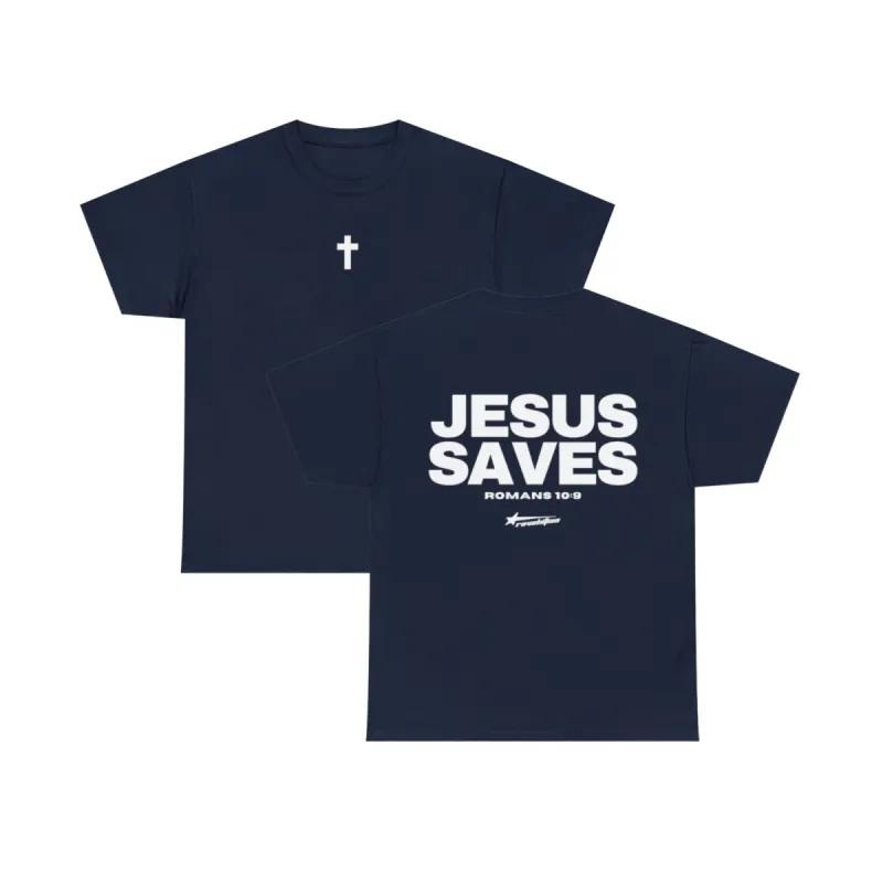 Romans 10:9 “JESUS SAVES” Tee - Navy sold by Revelation Apparel