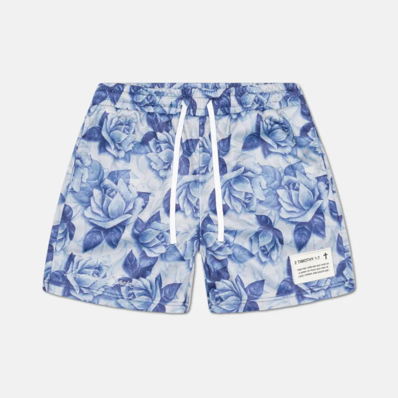 BLUE FLORAL 2 TIMOTHY 1:7 MESH SHORTS sold by Revelation Apparel