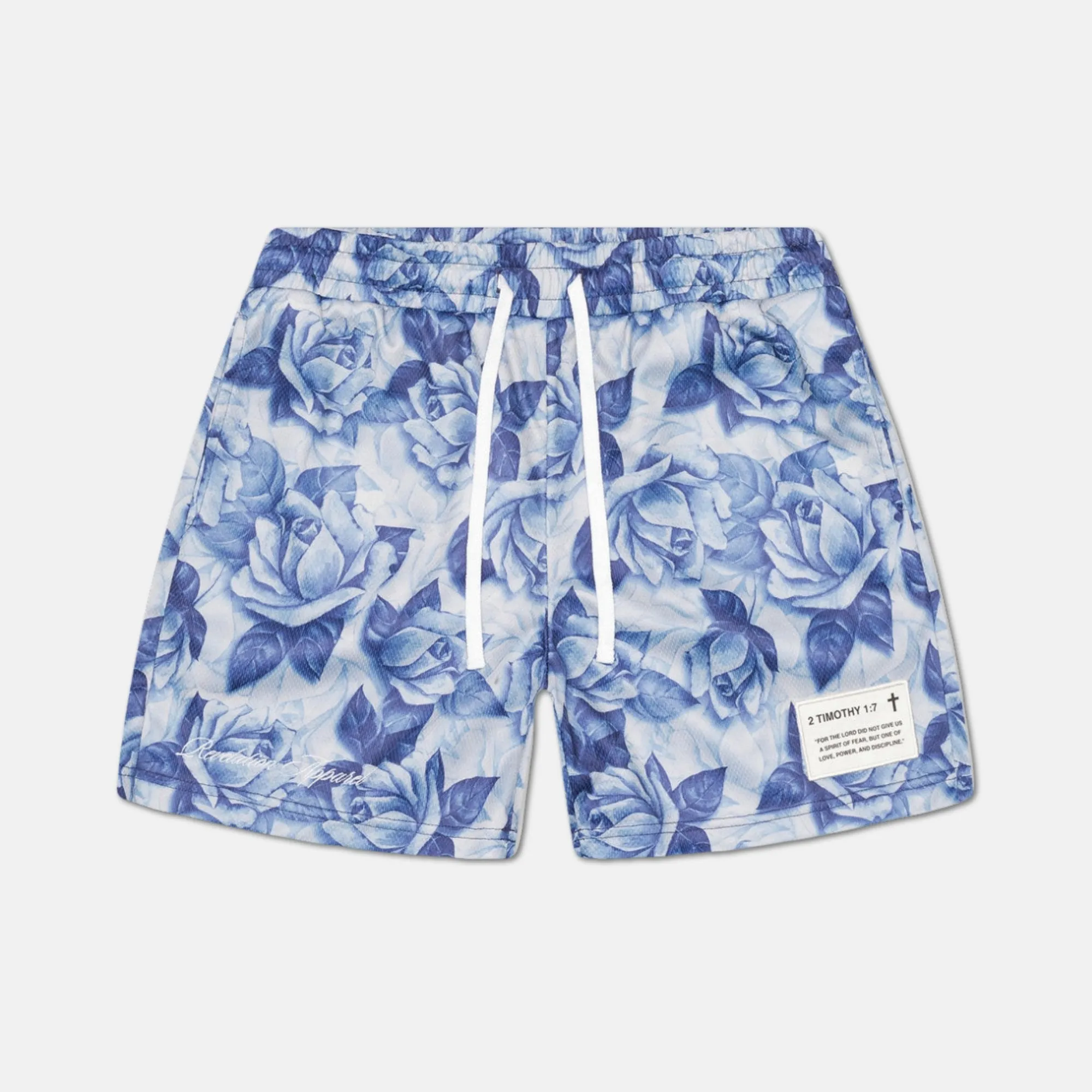 BLUE FLORAL 2 TIMOTHY 1:7 MESH SHORTS sold by Revelation Apparel