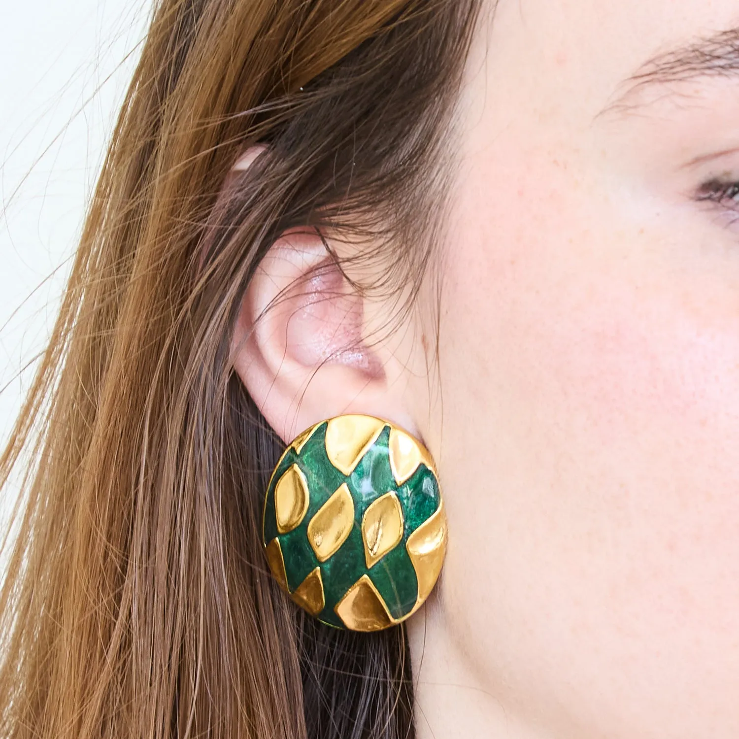 Vintage Abstract Green and Gold Oval Earrings sold by Admiral Row product image thumbnail 2