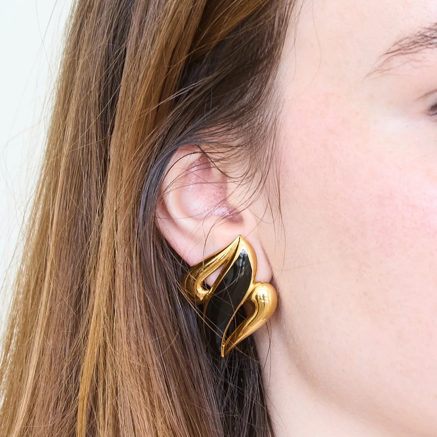 Vintage Monet Abstract Black and Gold Swirl Earrings sold by Admiral Row product image thumbnail 2