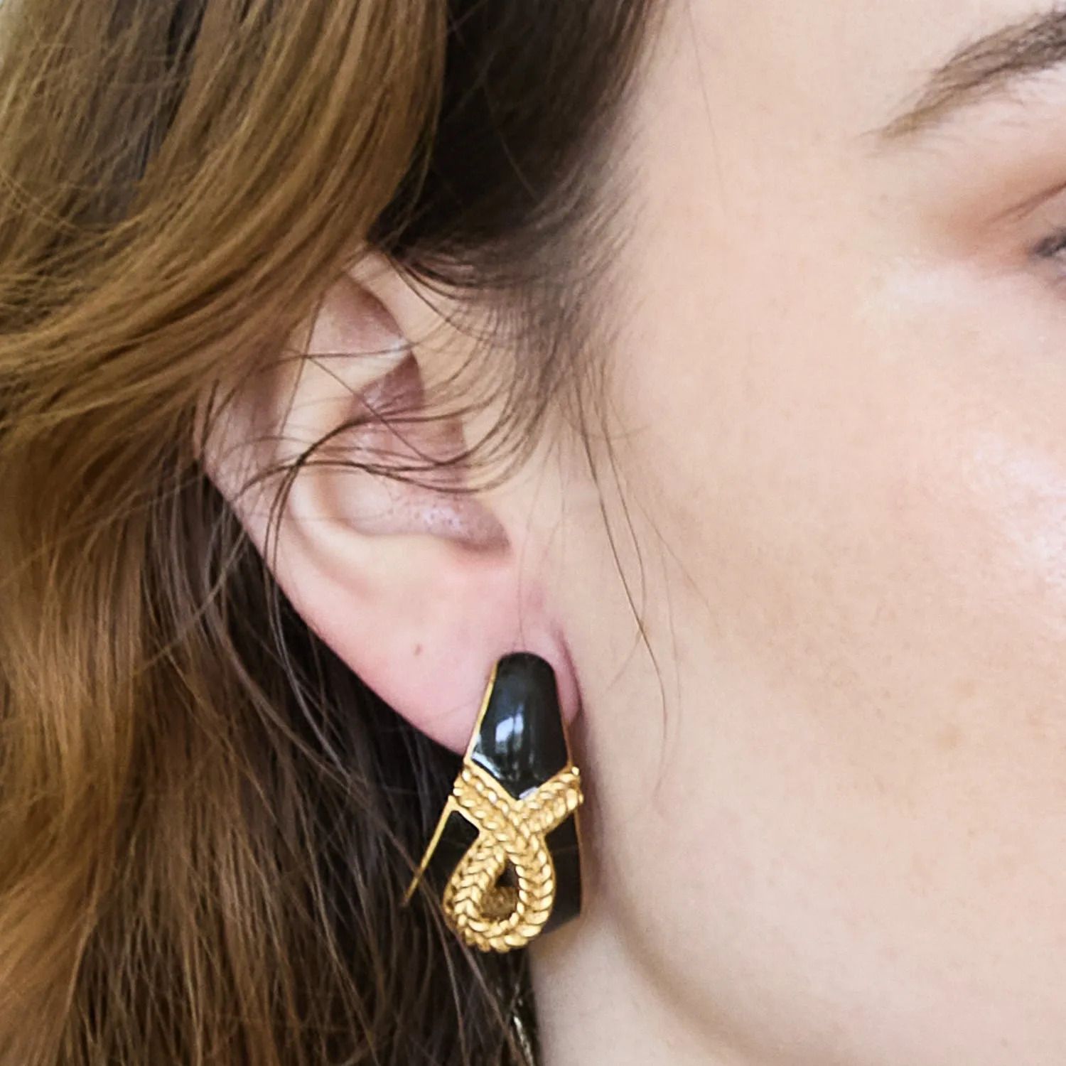 Vintage Monet Gold & Black Half Hoop Earrings sold by Admiral Row product image thumbnail 2