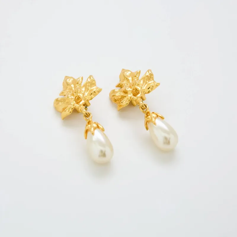 Vintage Leaf Pearl Drop Earrings sold by Admiral Row