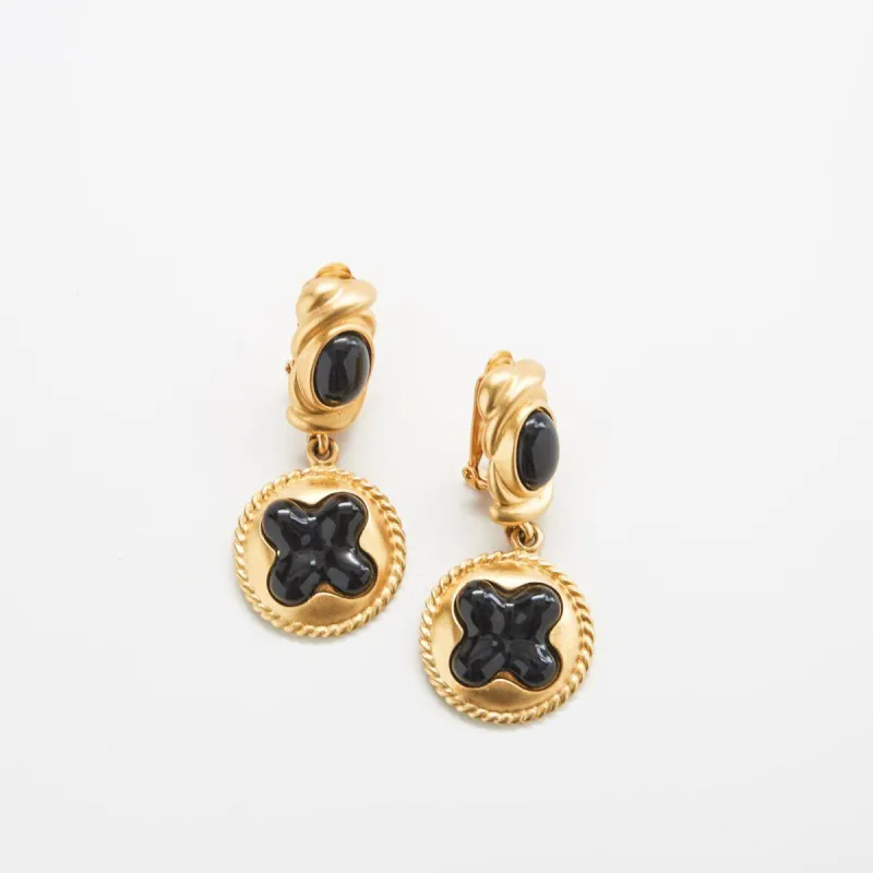 Vintage Essex Black and Gold Medallion Earrings made by Admiral Row