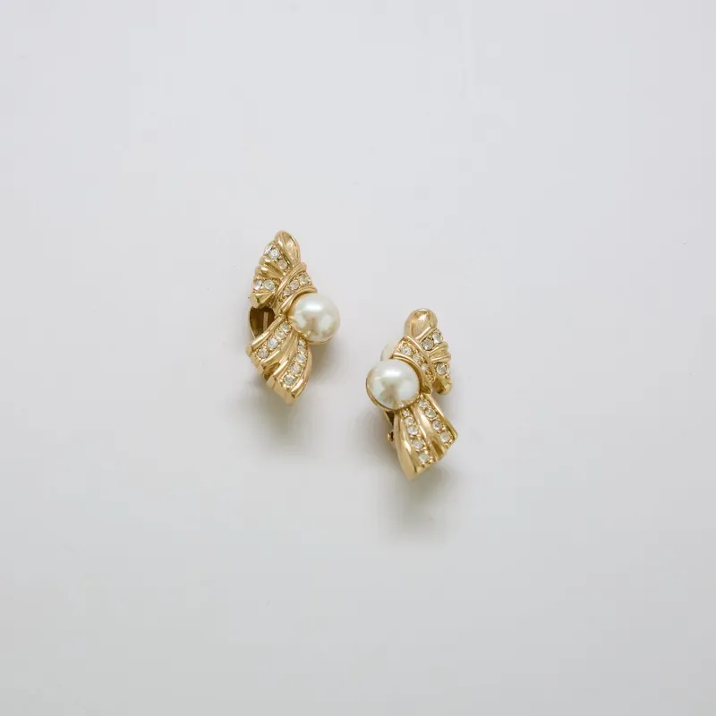 Vintage Swarovski Pearl Bow Earrings sold by Admiral Row