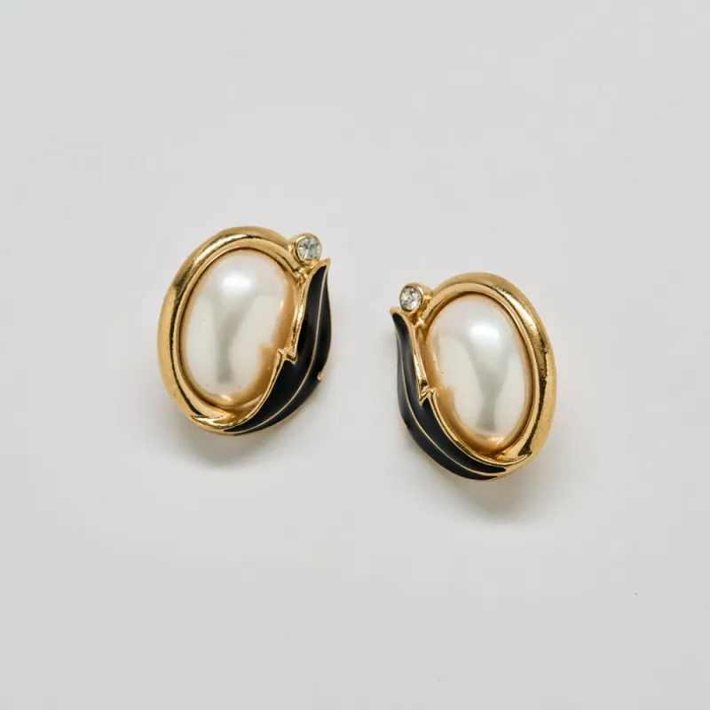 Vintage Trifari Pearl & Black Enamel Earrings sold by Admiral Row
