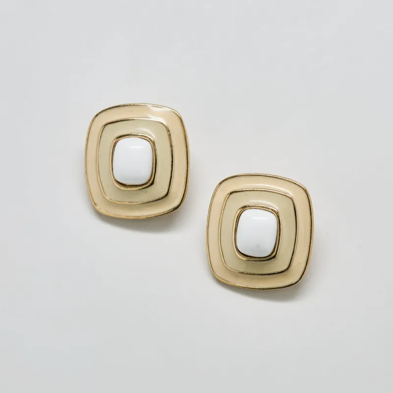 Vintage Trifari Geometric Gold, Cream and White Enamel Earrings sold by Admiral Row