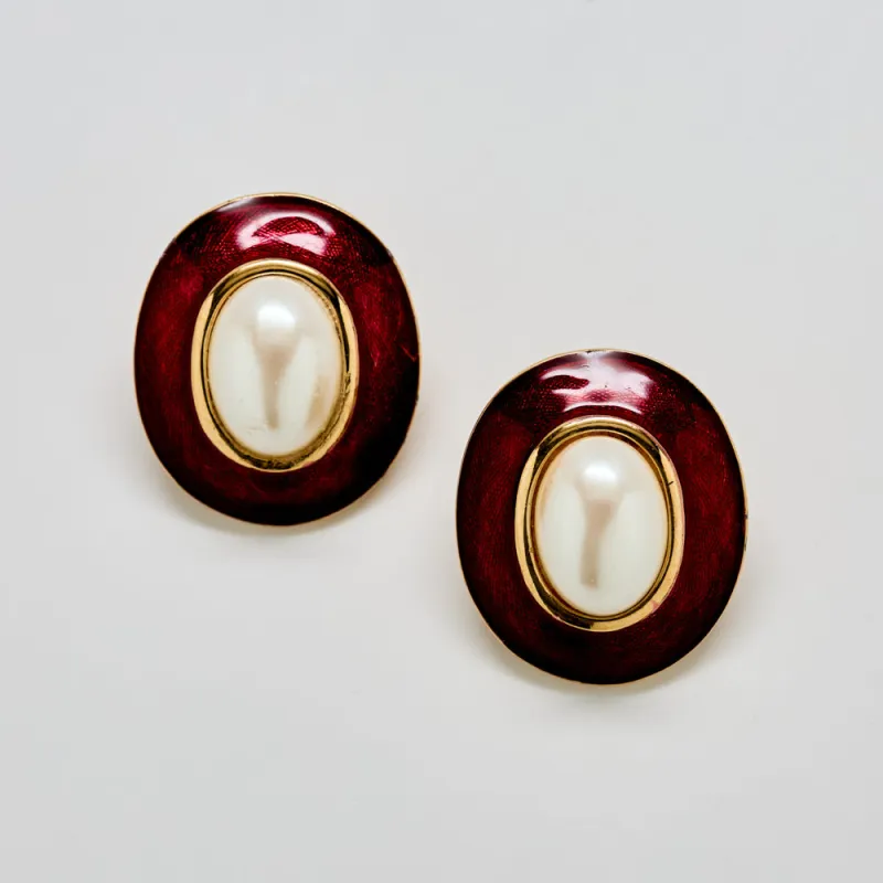 Vintage Monet Burgundy Enamel & Pearl Clip-On Earrings sold by Admiral Row