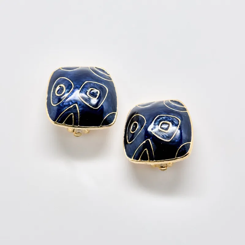 Vintage Navy Enamel Abstract Clip-On Earrings made by Admiral Row