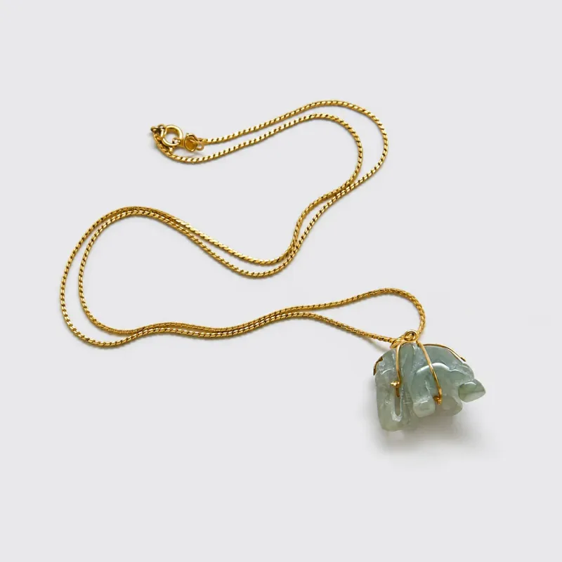Vintage Green Stone Elephant Pendant Necklace made by Admiral Row