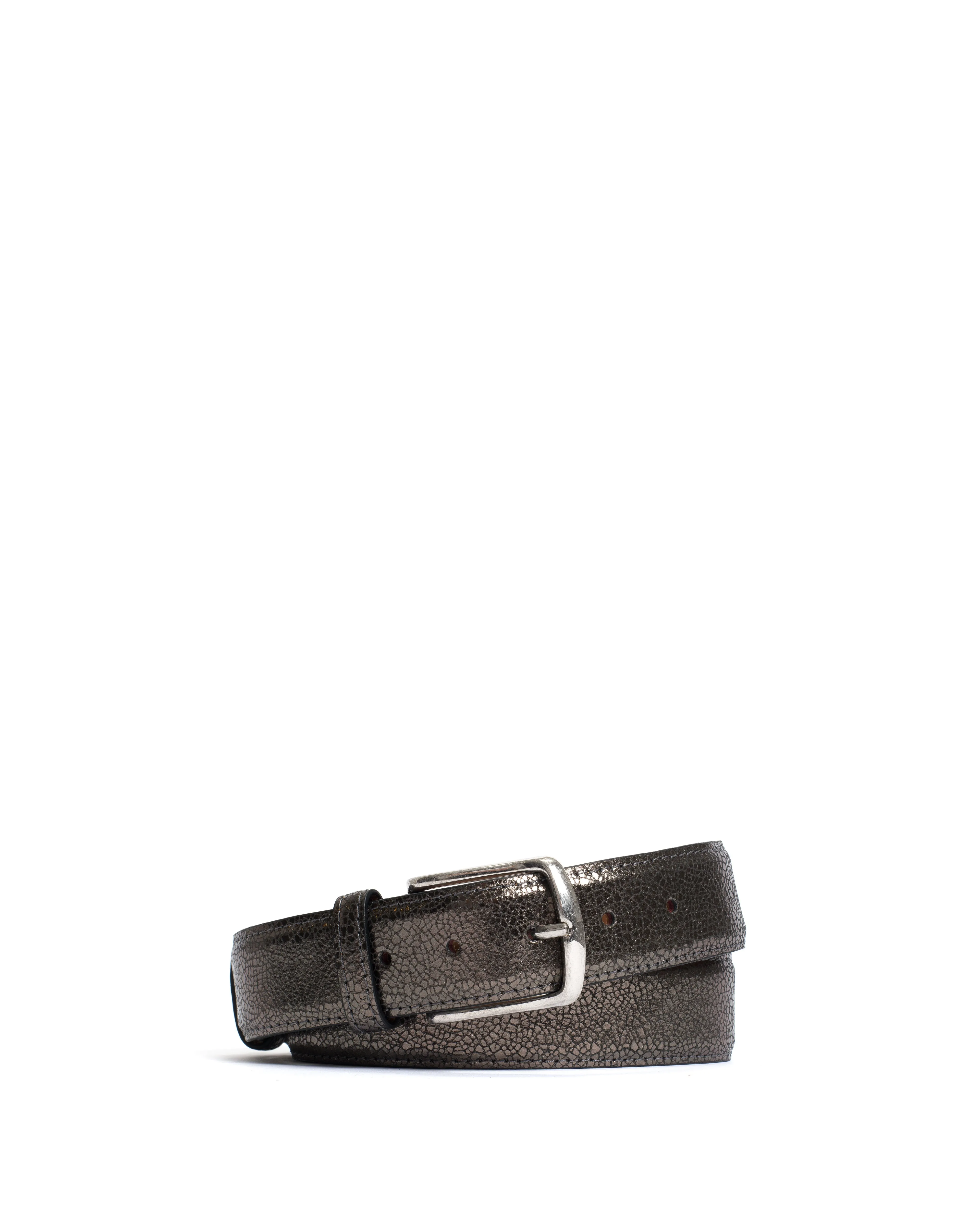 Quinn classic unisex leather belt Crackled metallic goat & metal Platinum & silver buckle sold by Anonymous Copenhagen