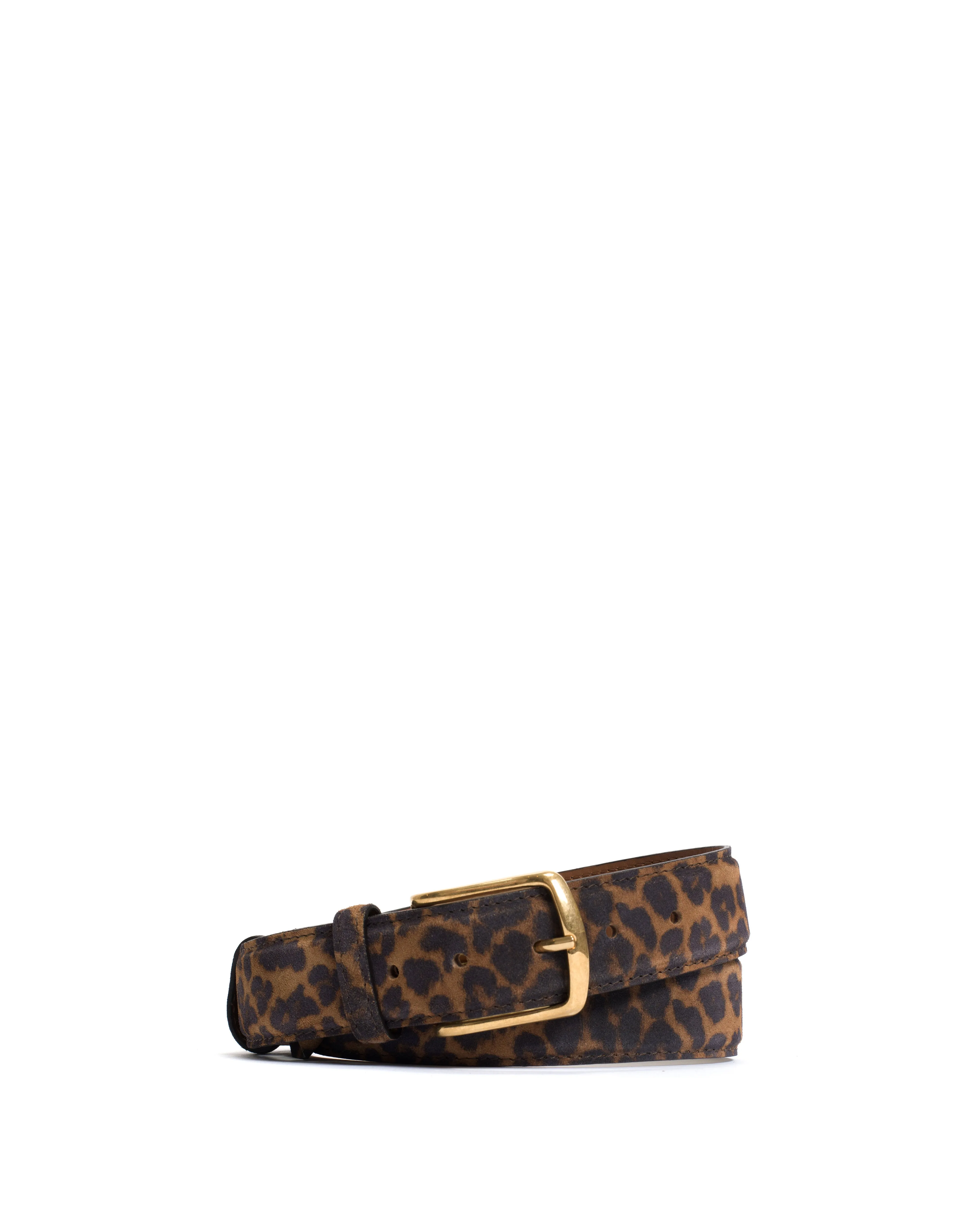Quinn classic unisex leather belt Calf suede print Leopard & gold buckle sold by Anonymous Copenhagen