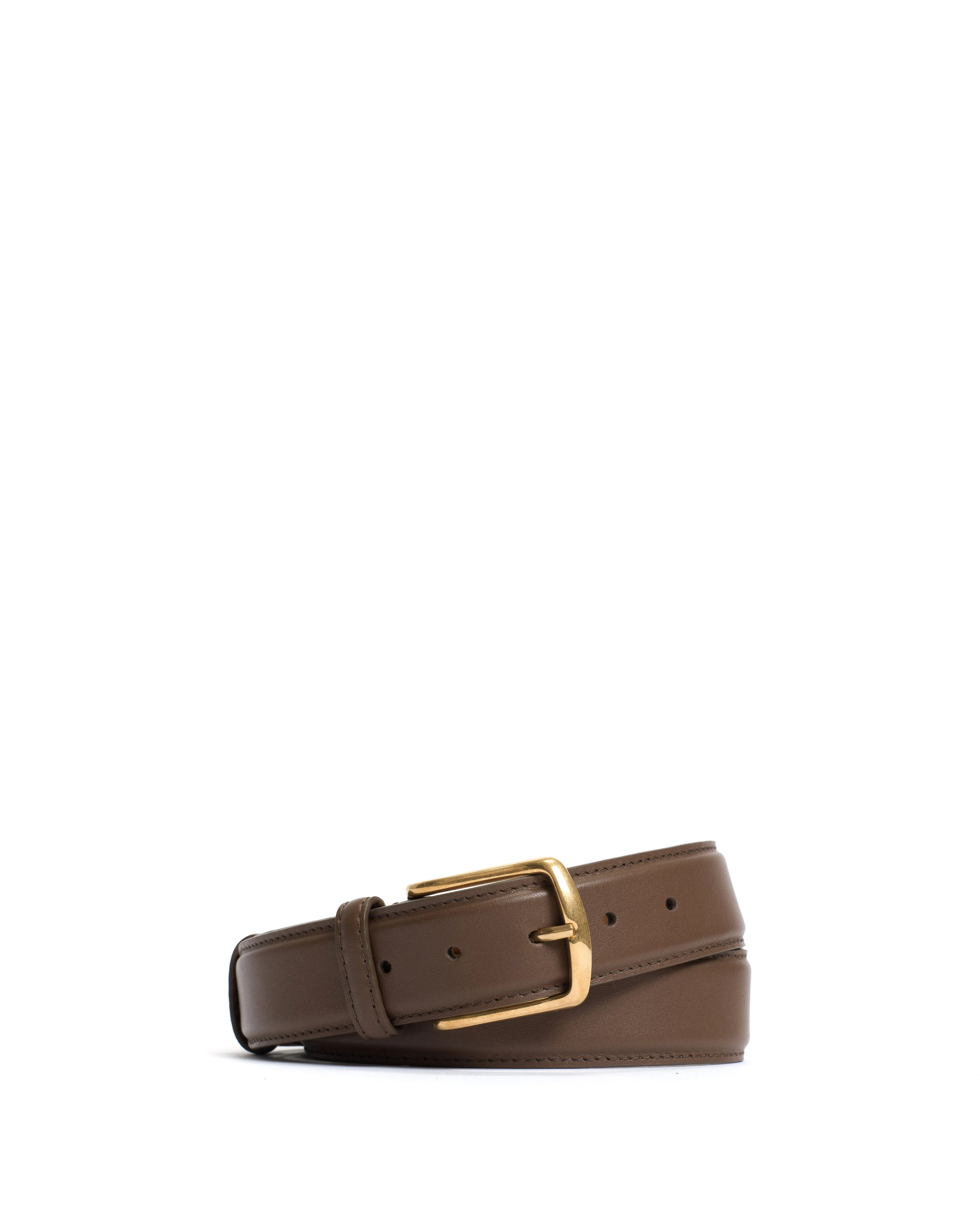 Quinn classic unisex leather belt Soft calf & metal Dark taupe & gold buckle sold by Anonymous Copenhagen