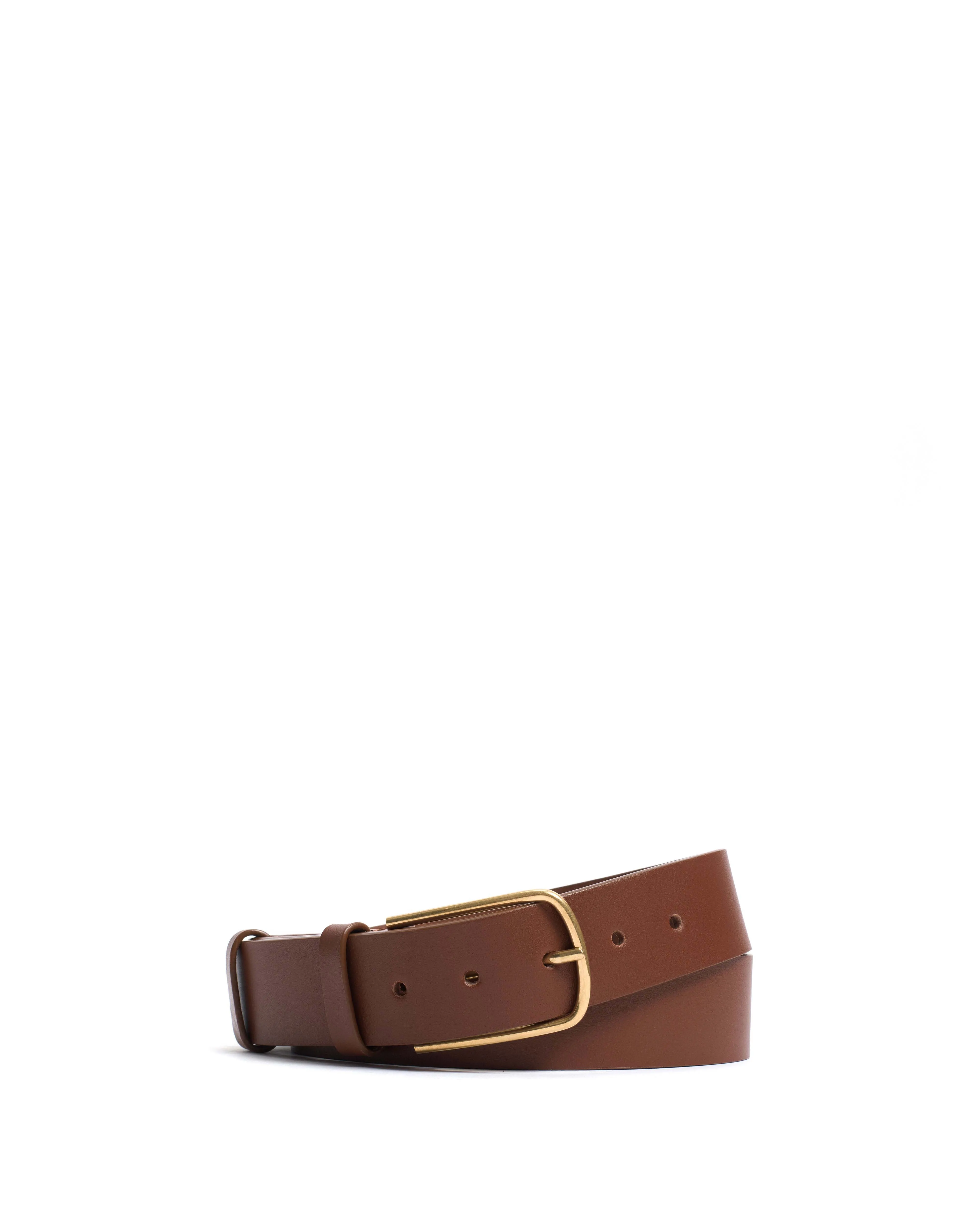 Whane simple unisex leather belt Vegetable tanned calf & metal Chestnut & gold buckle sold by Anonymous Copenhagen