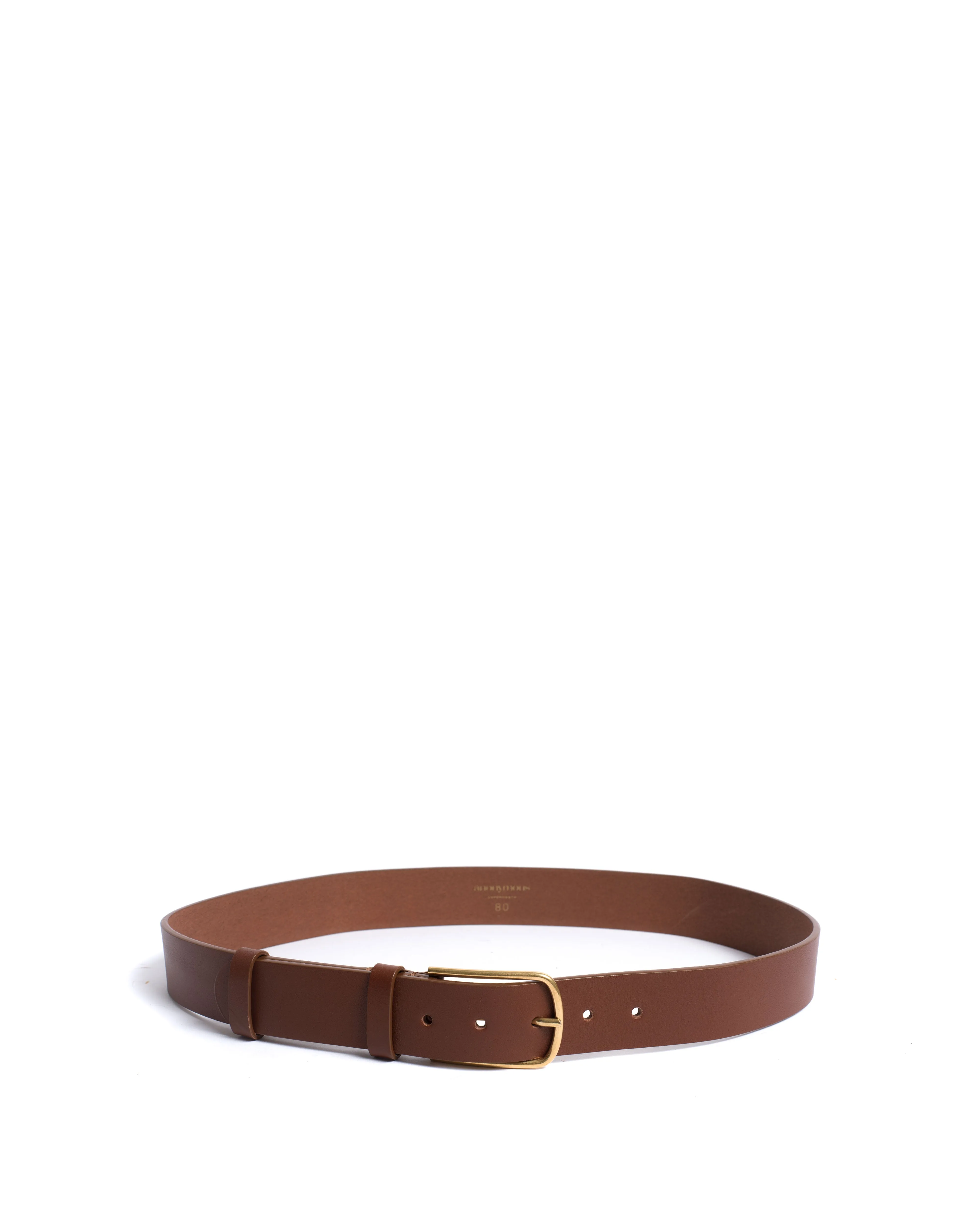 Whane simple unisex leather belt Vegetable tanned calf & metal Chestnut & gold buckle sold by Anonymous Copenhagen product image thumbnail 3