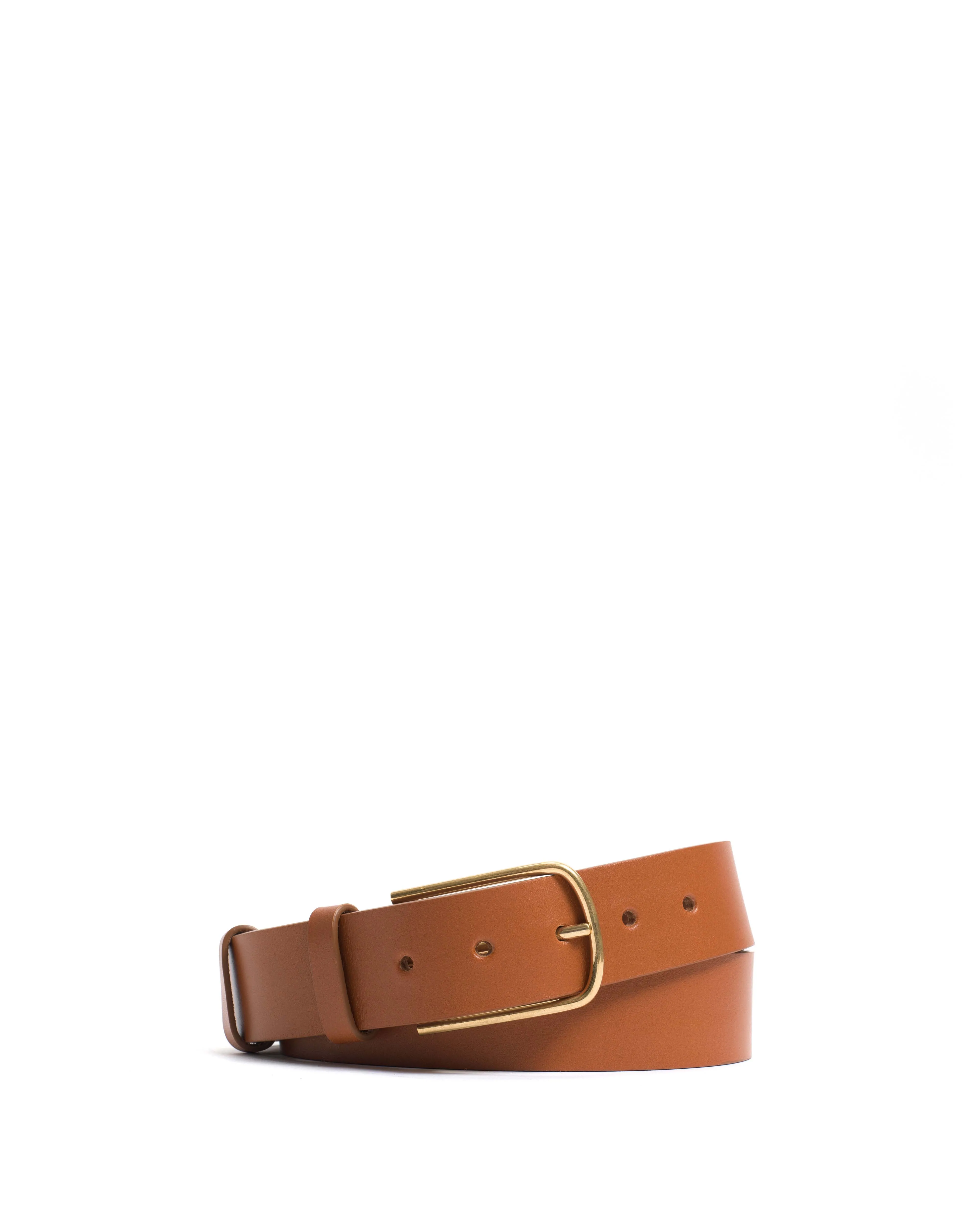 Whane simple unisex leather belt Vegetable tanned calf & metal Caramel & gold buckle sold by Anonymous Copenhagen