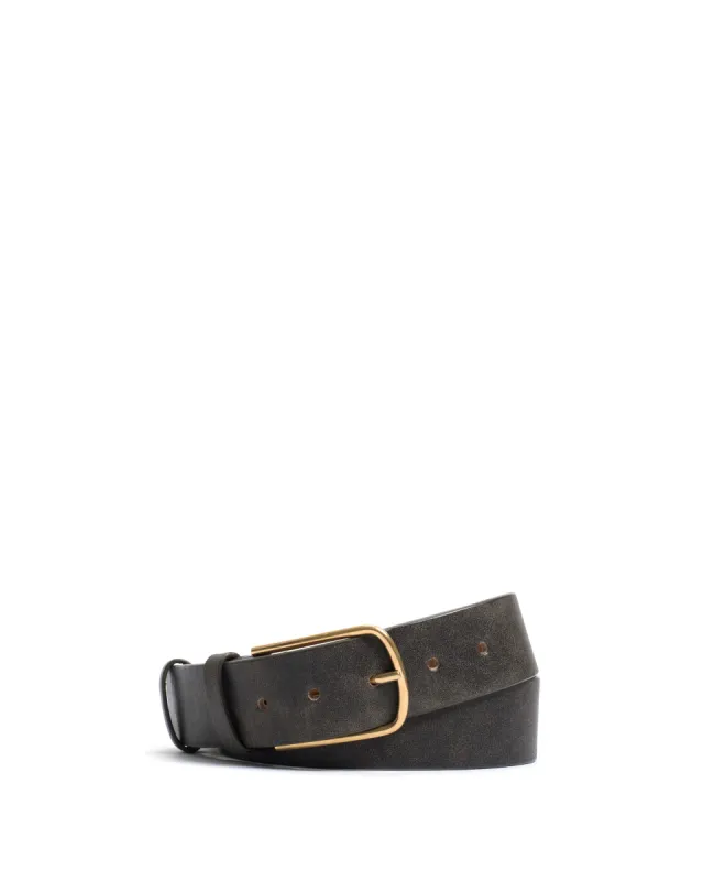Whane simple unisex leather belt Distressed vegetable tanned calf Off black & gold buckle sold by Anonymous Copenhagen