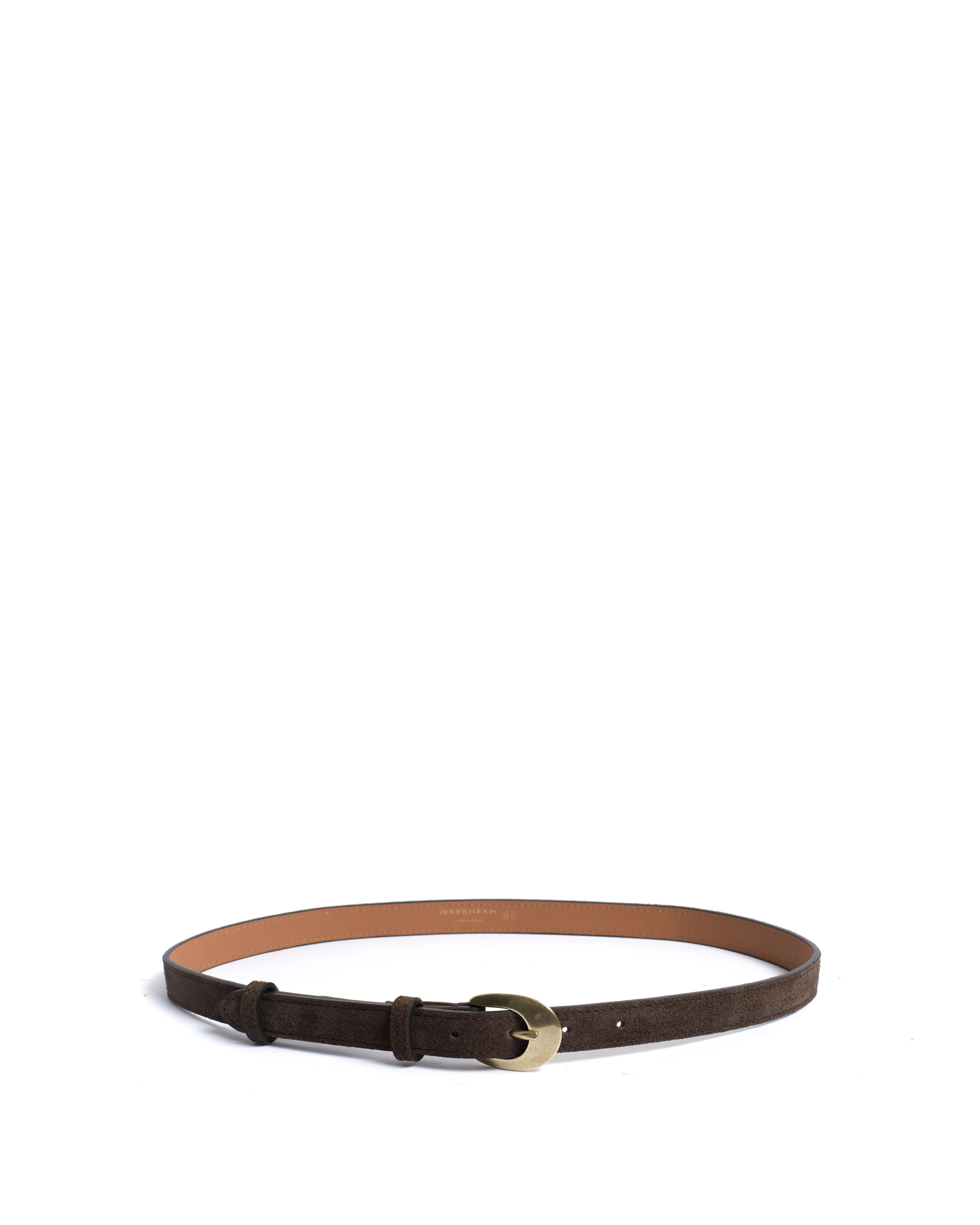 Aris unisex leather belt Calf suede Coffee brown & gold buckle sold by Anonymous Copenhagen product image thumbnail 3