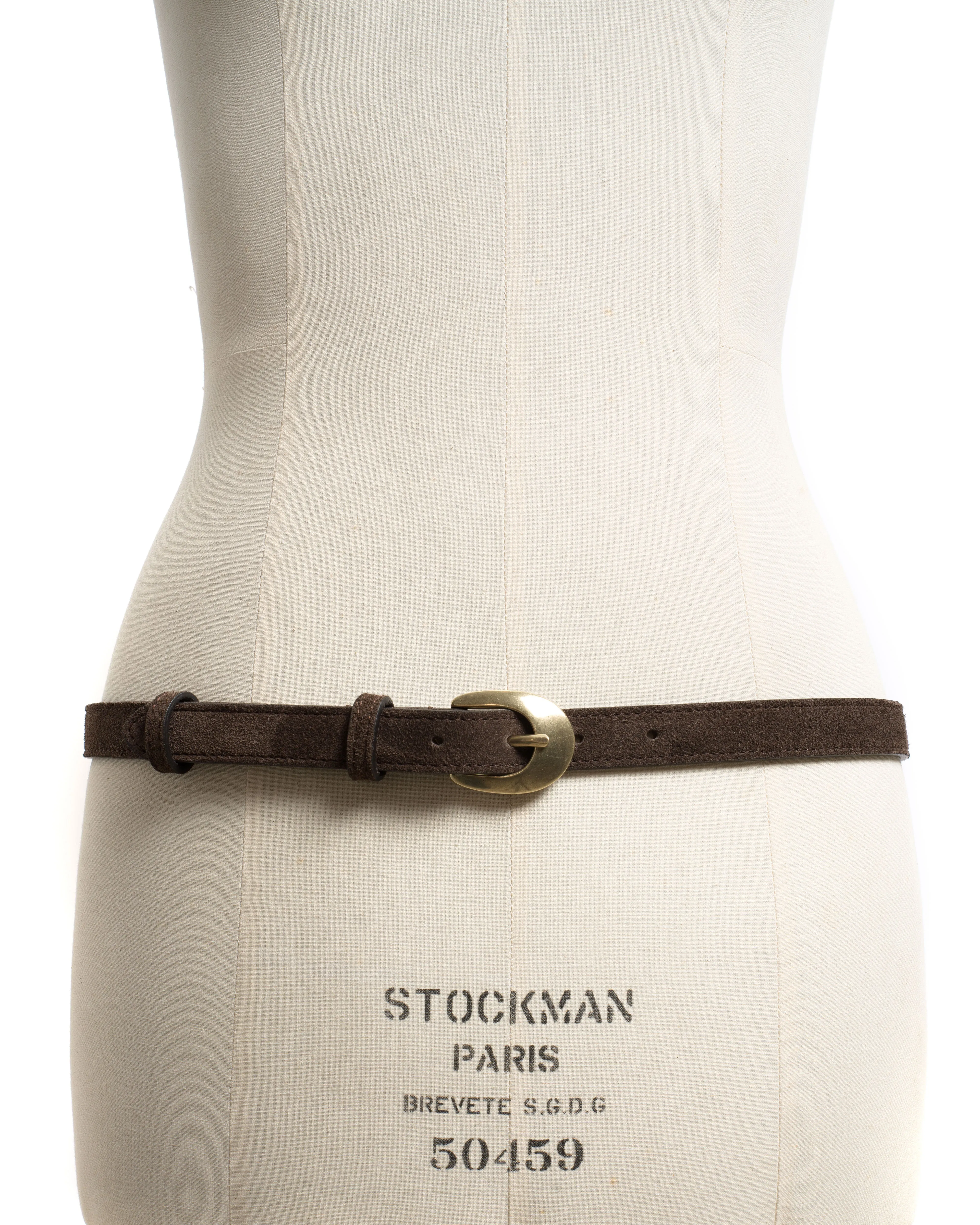 Aris unisex leather belt Calf suede Coffee brown & gold buckle sold by Anonymous Copenhagen product image thumbnail 2