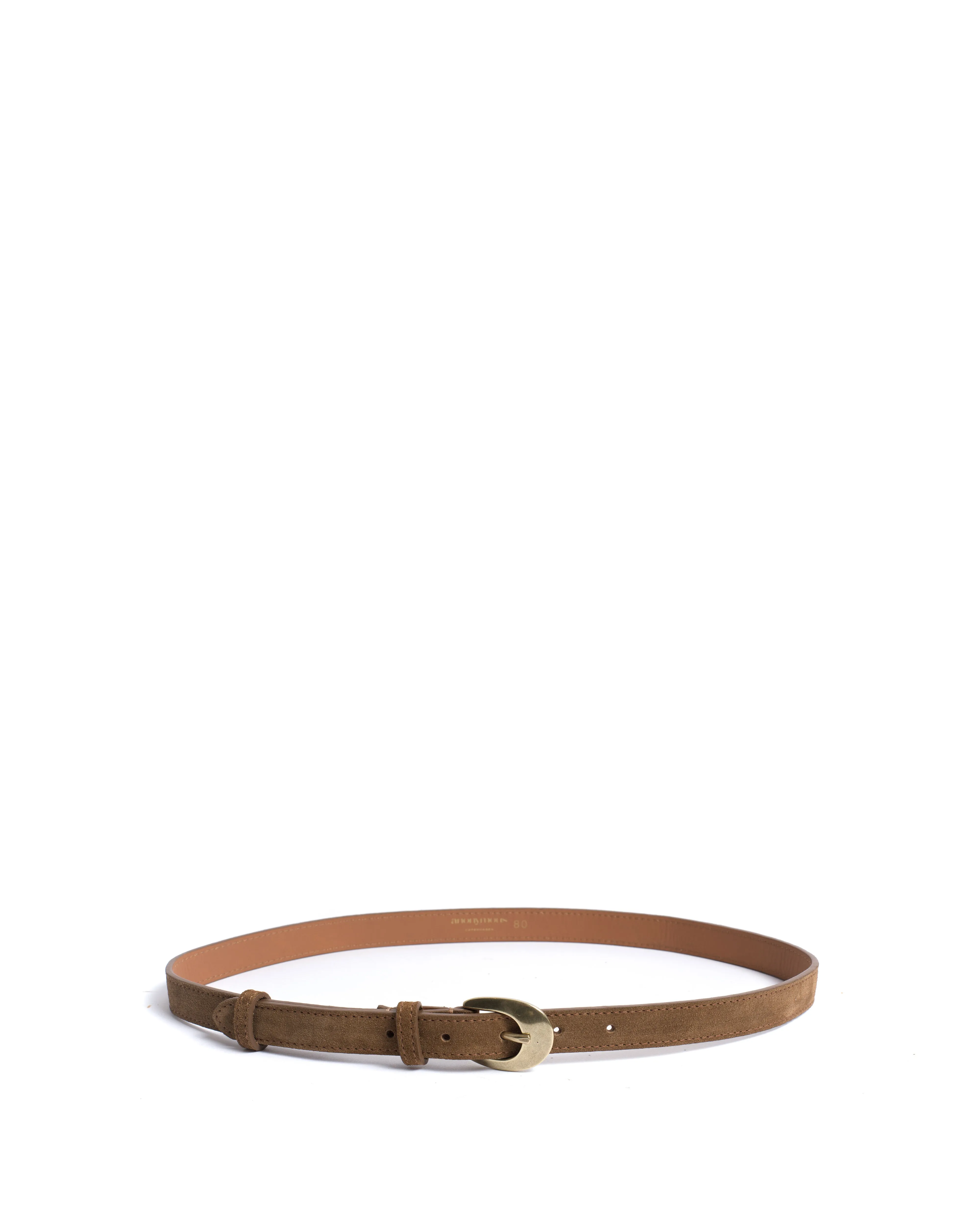 Aris unisex leather belt Calf suede & metal Cinnamon & gold buckle sold by Anonymous Copenhagen product image thumbnail 3