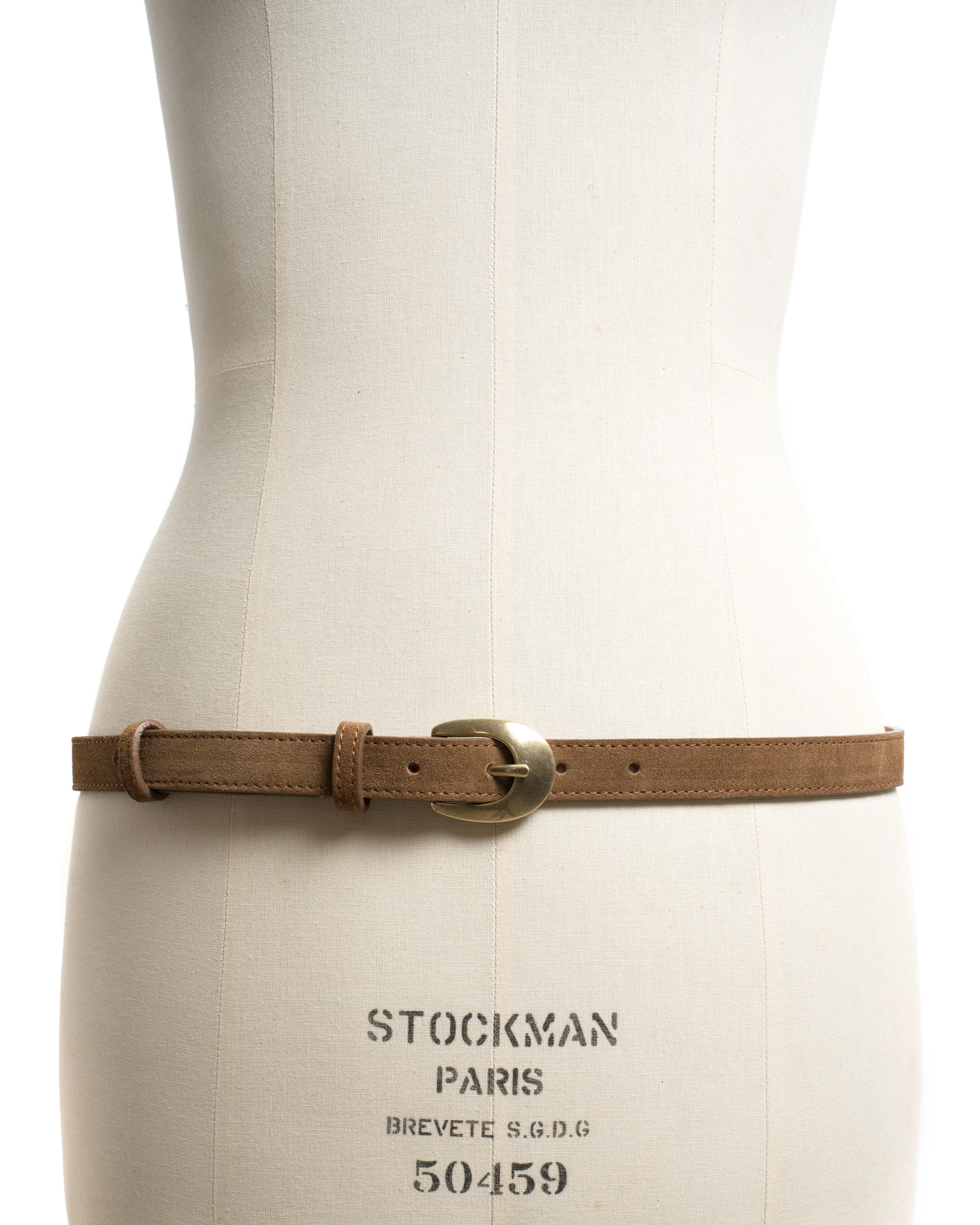 Aris unisex leather belt Calf suede & metal Cinnamon & gold buckle sold by Anonymous Copenhagen product image thumbnail 2