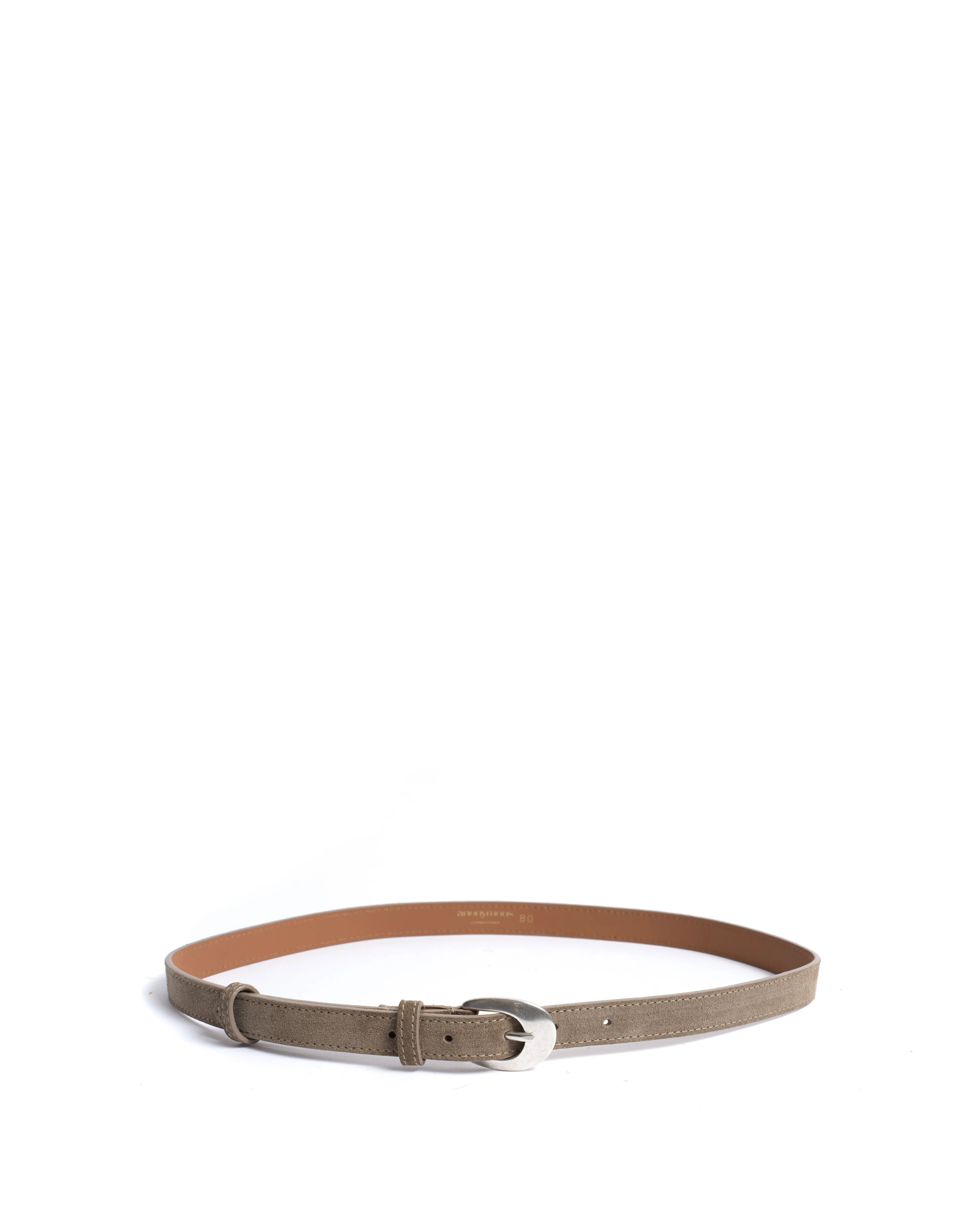 Aris unisex leather belt Calf suede & metal Mushroom & silver buckle sold by Anonymous Copenhagen product image thumbnail 3