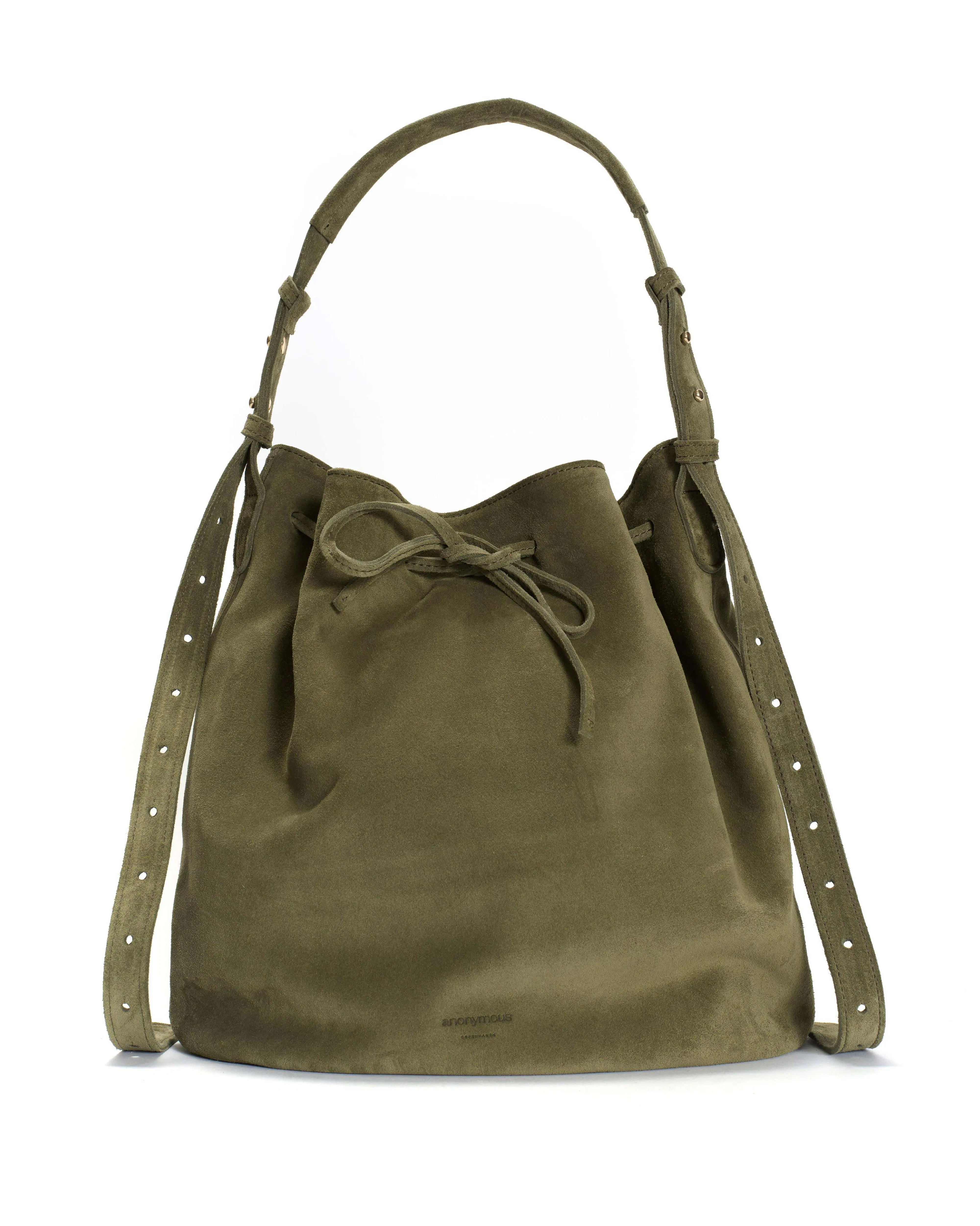Kacey grand bucket bag Calf suede Olive green sold by Anonymous Copenhagen