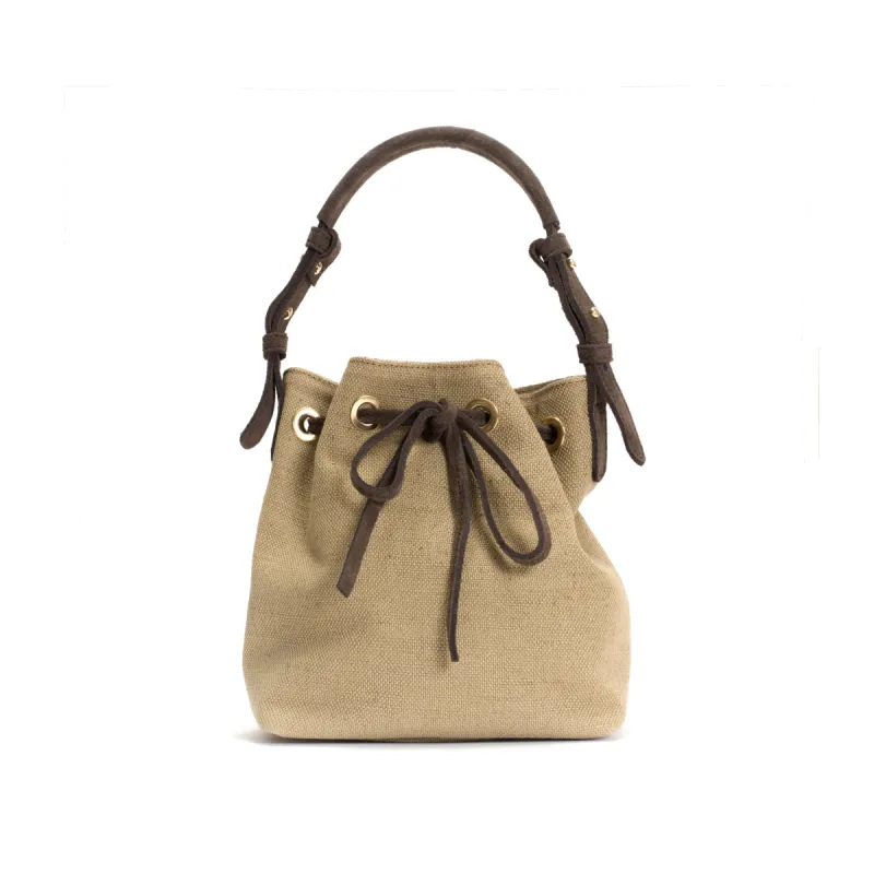 Kacey petite bucket bag Raffia & calf suede Natural & coffee brown sold by Anonymous Copenhagen