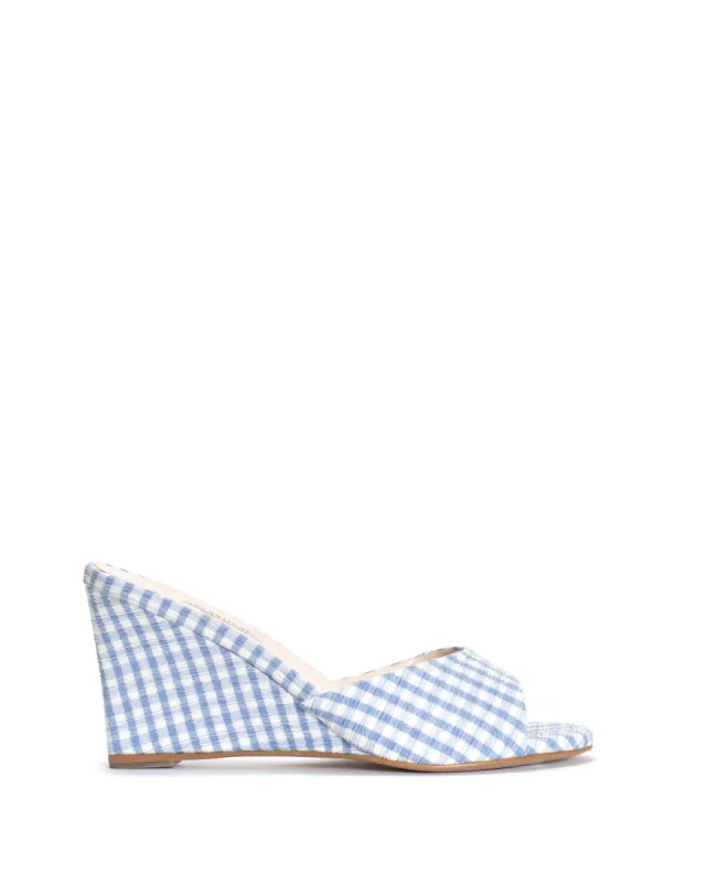 Gwen 75 wedge Pleated gingham vegan Bubble blue sold by Anonymous Copenhagen