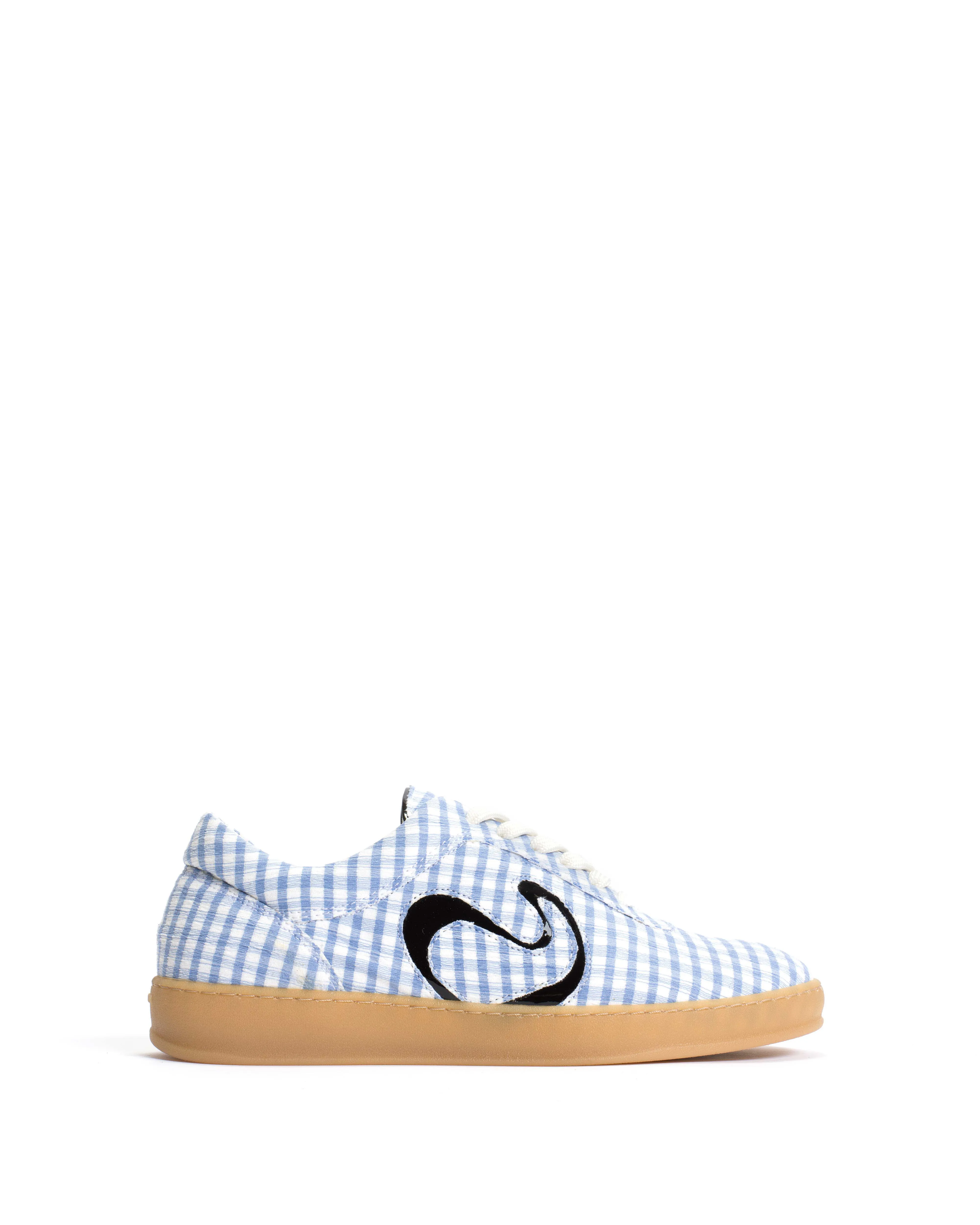 Blaire Pleated gingham & polished soft calf Bubble blue & black sold by Anonymous Copenhagen