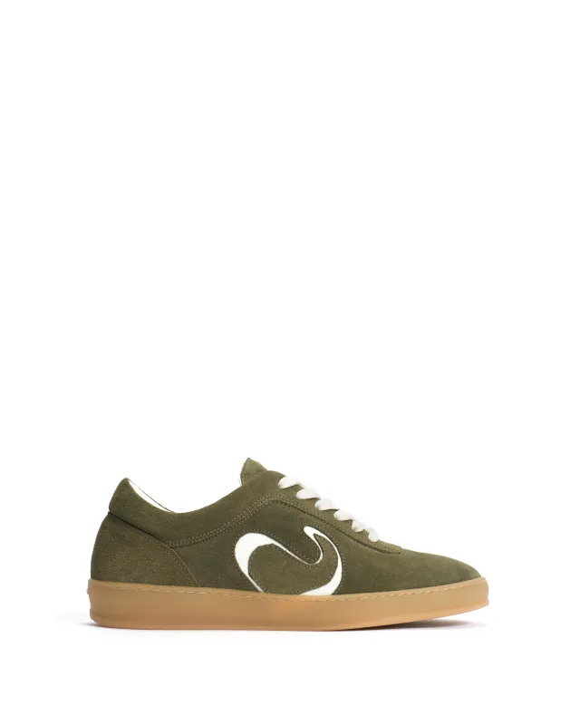 Blaire Calf suede & polished soft calf Olive green & white sand sold by Anonymous Copenhagen